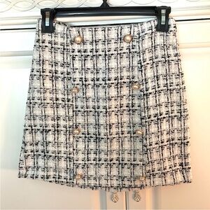 Black and White Tweed Mini Skirt with Pearl Details